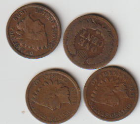 4 DIFFERENT DATES INDIAN HEAD PENNIES 1880-1908