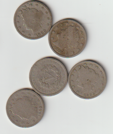 5 UNITED STATES 1883-1912 V NICKELS LOT (dates our choice )